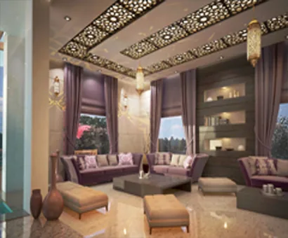 House interior design with ornate ceiling and ambient lighting, project in Kuwait