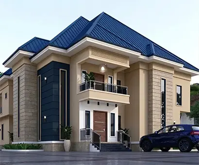 African contemporary villa design with traditional hip roof and stone cladding, project in Rwanda