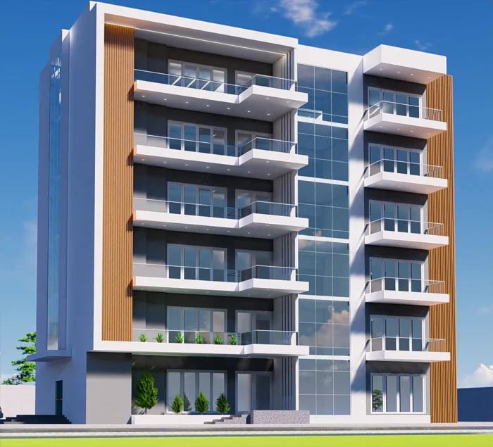 Modern apartment building design with glazing and balconies, project in Sierra Leone