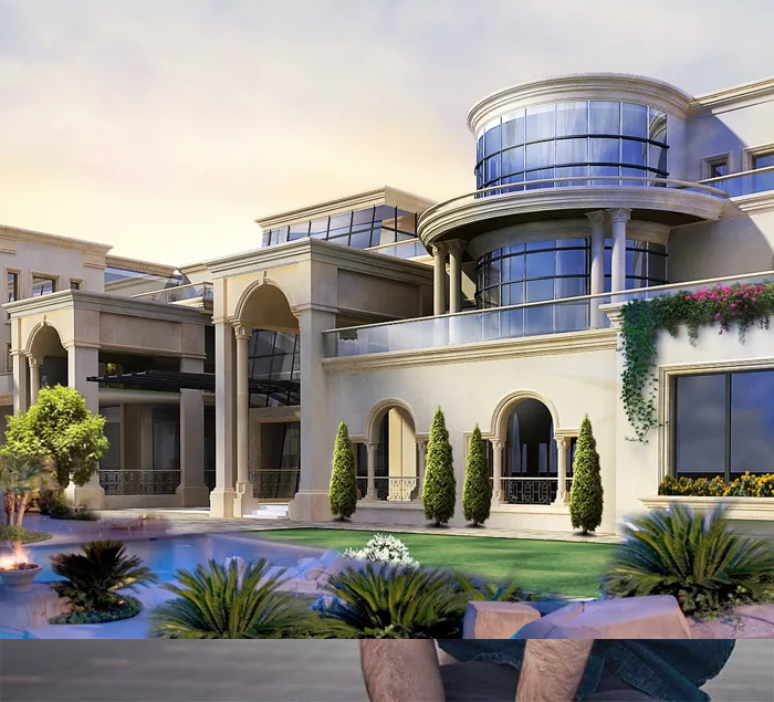 Luxury villa design with pool and classical columns, client from Kuwait