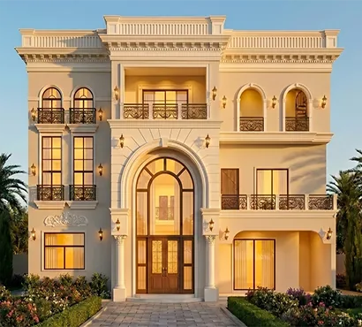 Classic villa design day view with arched windows, project in Lahore Pakistan