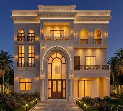 Classic villa design night view with arched windows, project in Lahore Pakistan