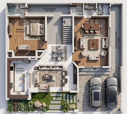 Classic villa floor plan showing bedrooms, kitchen and family hall layout, project in Lahore Pakistan