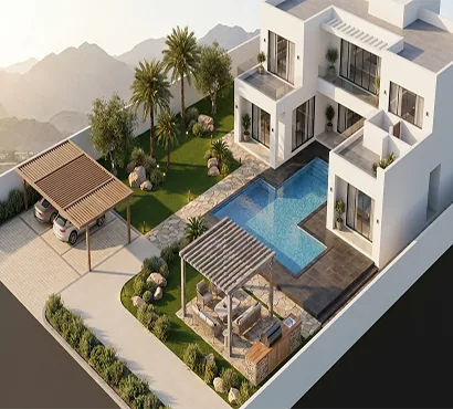 Modern villa with pool aerial view, timber pergolas and landscaped garden, project in Muscat Oman