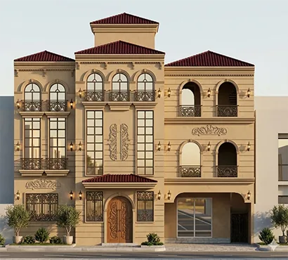 Classical residence design with terracotta roof and arched balconies, project in Lahore Pakistan