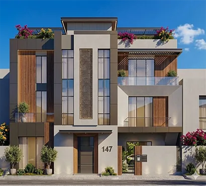Modern townhouse design with wood cladding and rooftop garden terrace, project in Sierra Leone