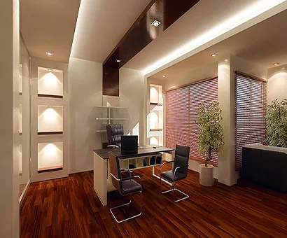 Modern home office interior design with wood flooring, project in Oman