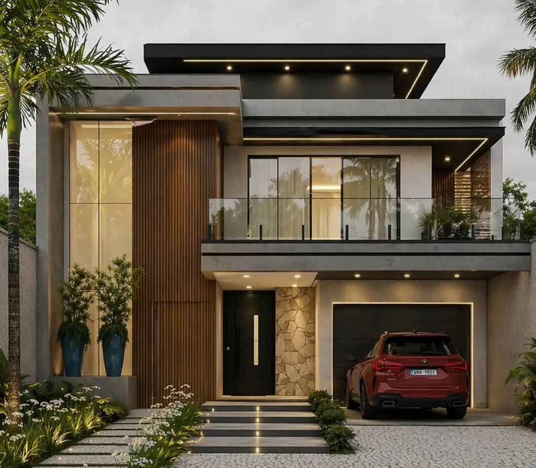 Modern luxury residence design with glazing, dusk view, project in Muscat Oman