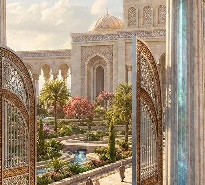 Islamic palatial courtyard design with carved gateway doors and domed architecture, project in Qatar
