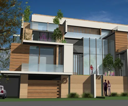 Modern multi-level residence design with glazing and timber cladding, project in Oman