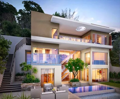 Modern hillside villa design with glass volumes and pool terrace, project in Oman